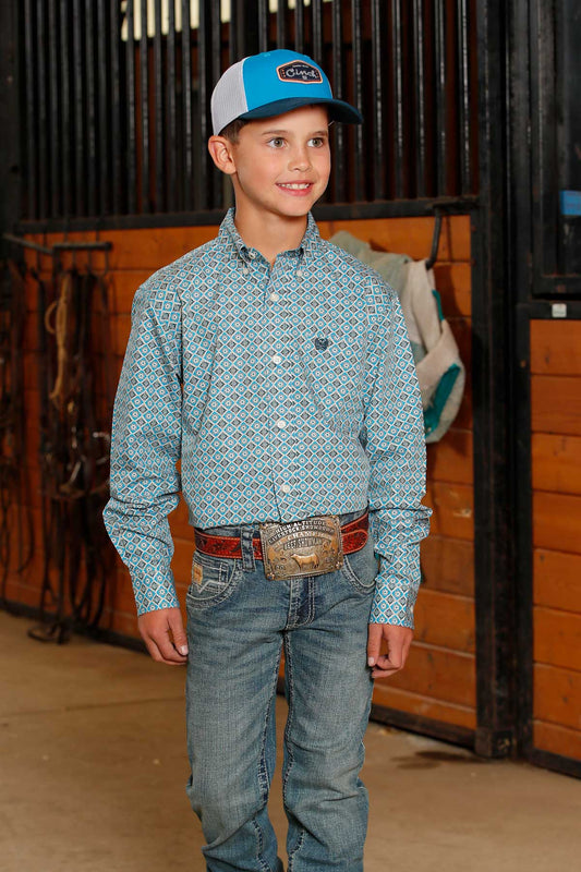 Cinch Boy's Blue Geo Print Long Sleeve Shirt
