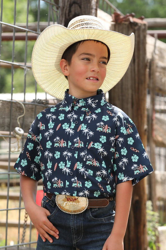 Cinch Navy Palm Tree Short Sleeve Arenaflex Shirt