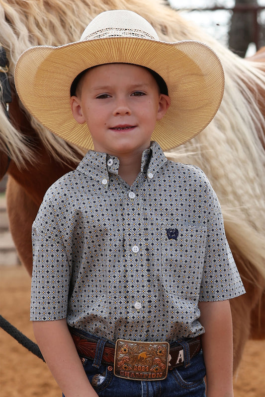 Cinch Youth Boy's Royal Blue Geometric Print Short Sleeve Shirt