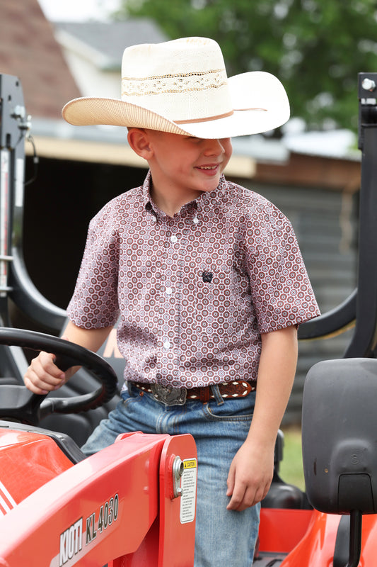 Cinch Youth Boy's White Geometric Print Button Shirt