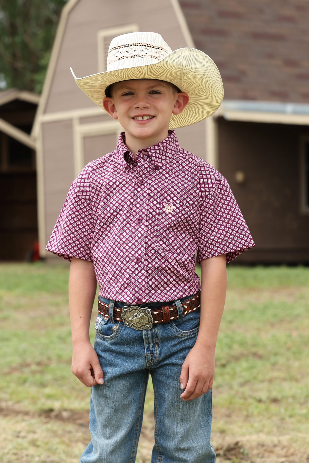 Cinch Boy's Short Sleeve Purple Geo Printed Button Down Shirt