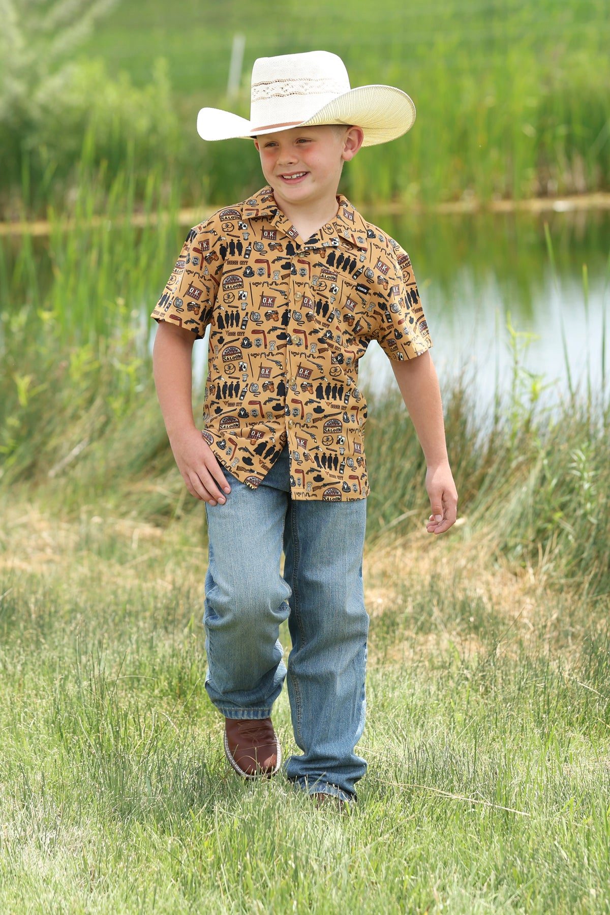 Cinch Youth Boy's Brown Camp Print Button Down Shirt