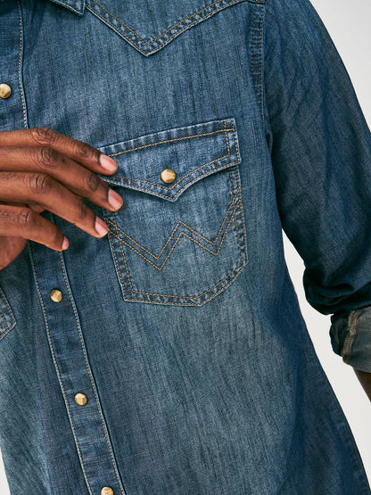 WRANGLER RETRO LONG SLEEVE BLUE DENIM WESTERN SHIRT