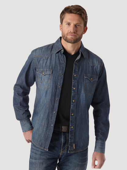 WRANGLER RETRO LONG SLEEVE BLUE DENIM WESTERN SHIRT