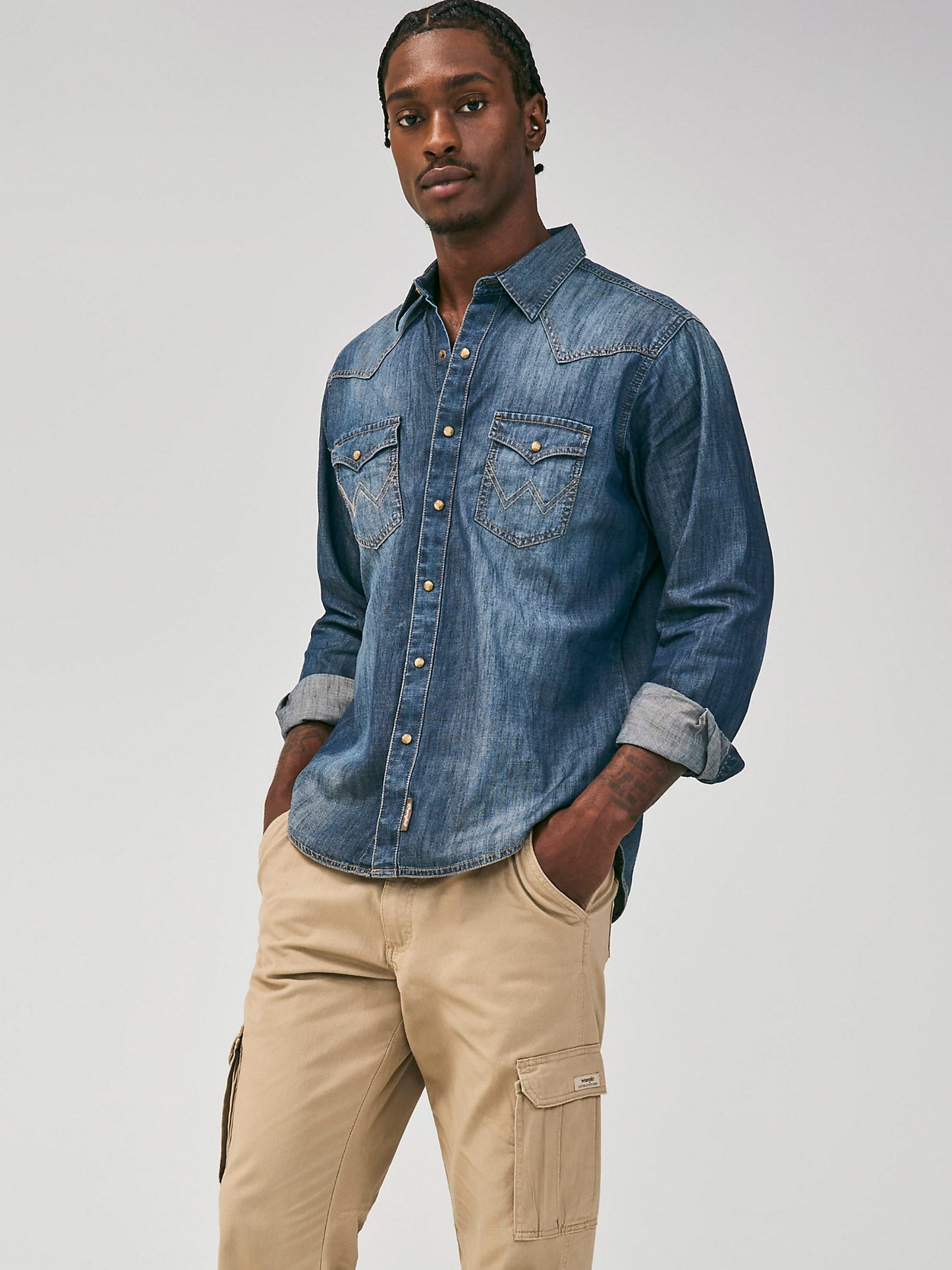 WRANGLER RETRO LONG SLEEVE BLUE DENIM WESTERN SHIRT