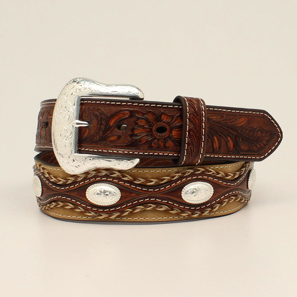 NOCONA TAN EMBOSSED OVAL CONCHO BELT