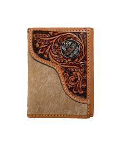 Nocona Tooled Overlay Feather Concho Tan Trifold Wallet