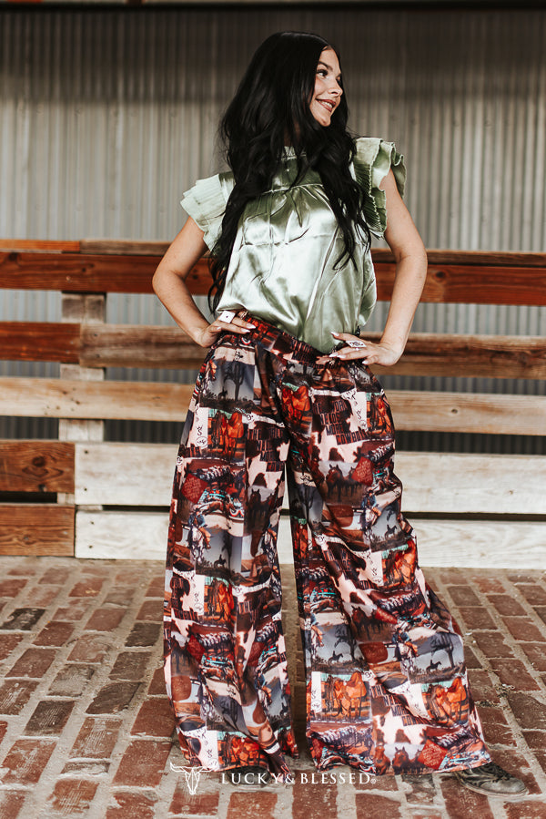 Western Collage Print High-Waist Wide Leg Pants