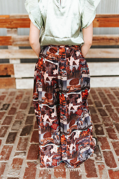 Western Collage Print High-Waist Wide Leg Pants