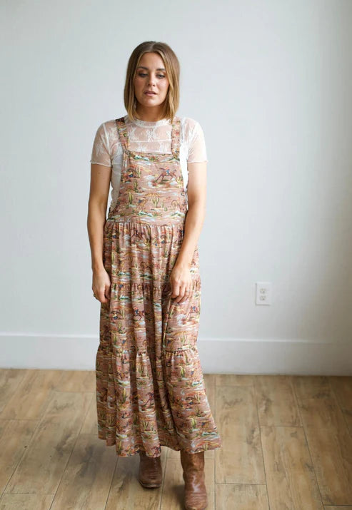 Taupe Cowboy Overall Ruffle Dress