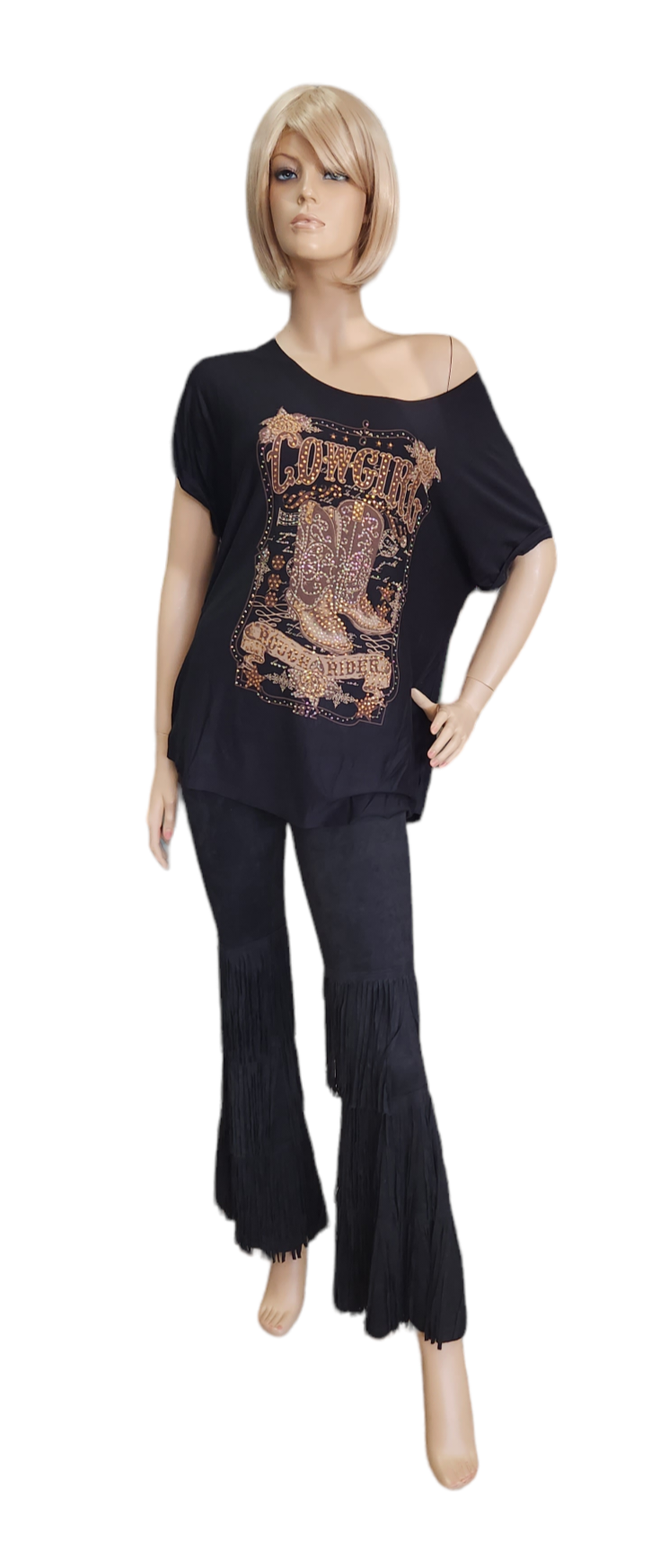 VOCAL LASER CUT SHORT SLEEVE TOP WITH COWBOY BOOTS