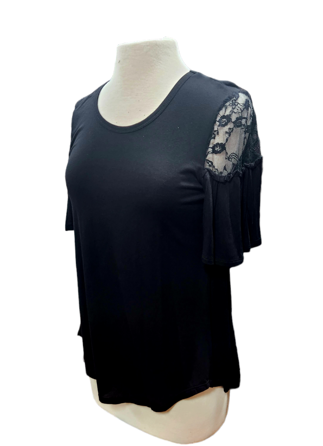 BLACK LACE AND RUFFLE SHORT SLEEVE TOP