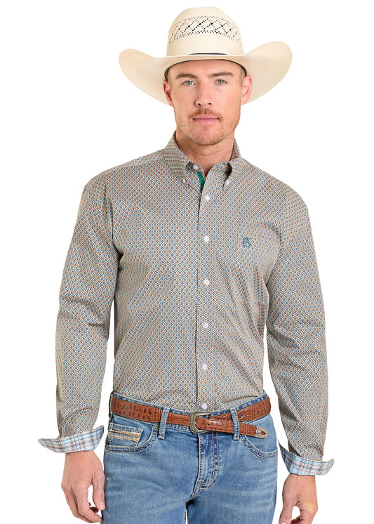 Panhandle Slim Tan/Green Cross Pattern Long Sleeve Button Shirt
