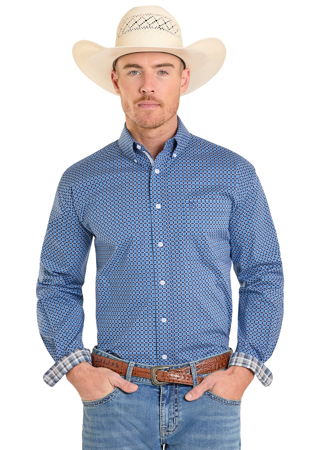 Panhandle Slim Blue Square Cross Long Sleeve Shirt