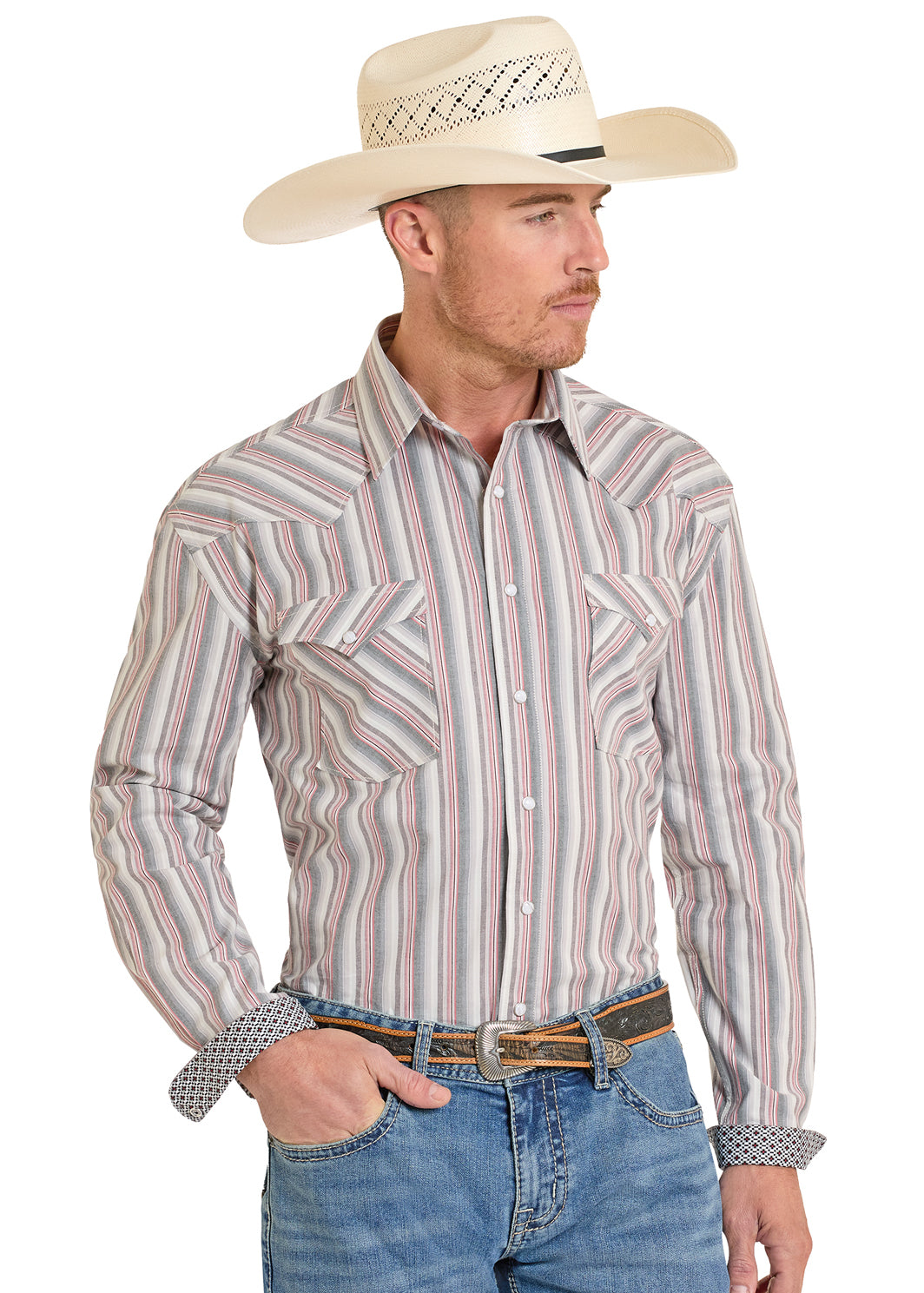 Panhandle Slim Maroon Striped Snap Long Sleeve Shirt