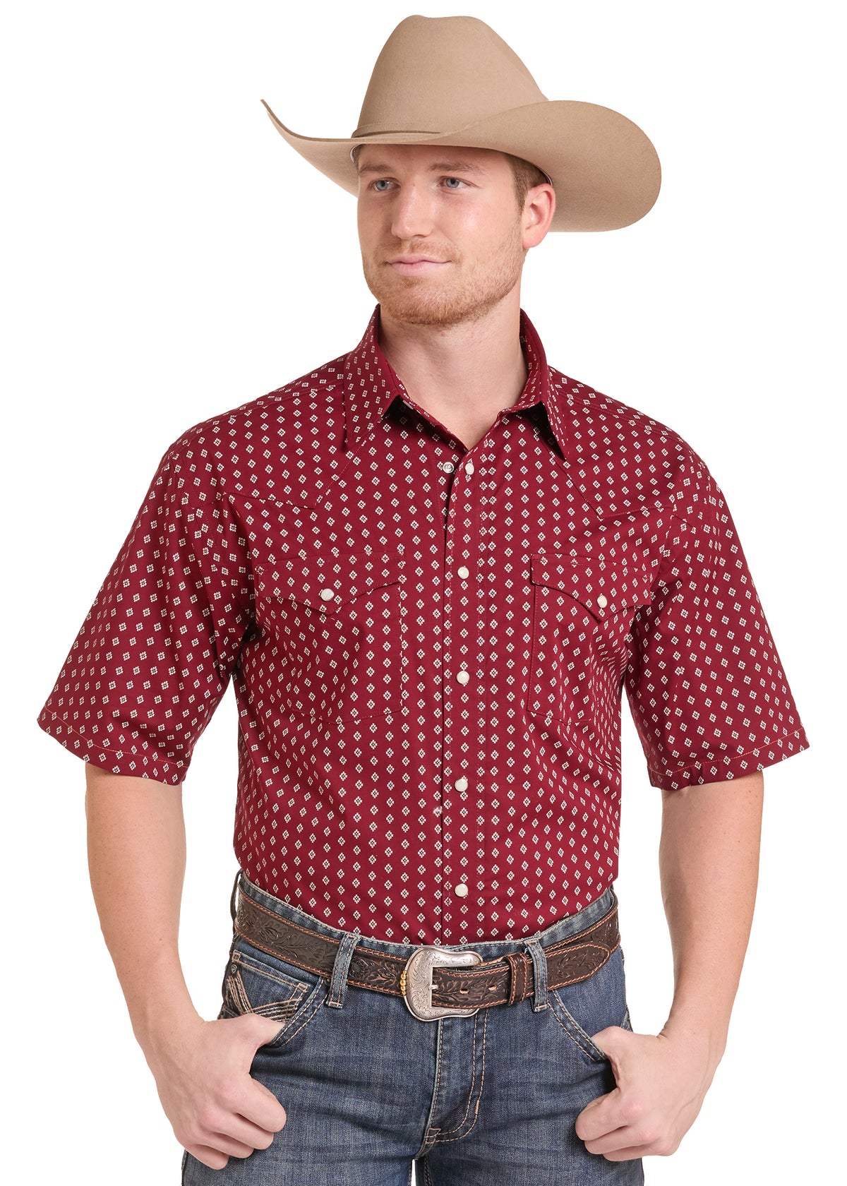 Rock & Roll Denim Men's Maroon Aztec Print Short Sleeve Shirt