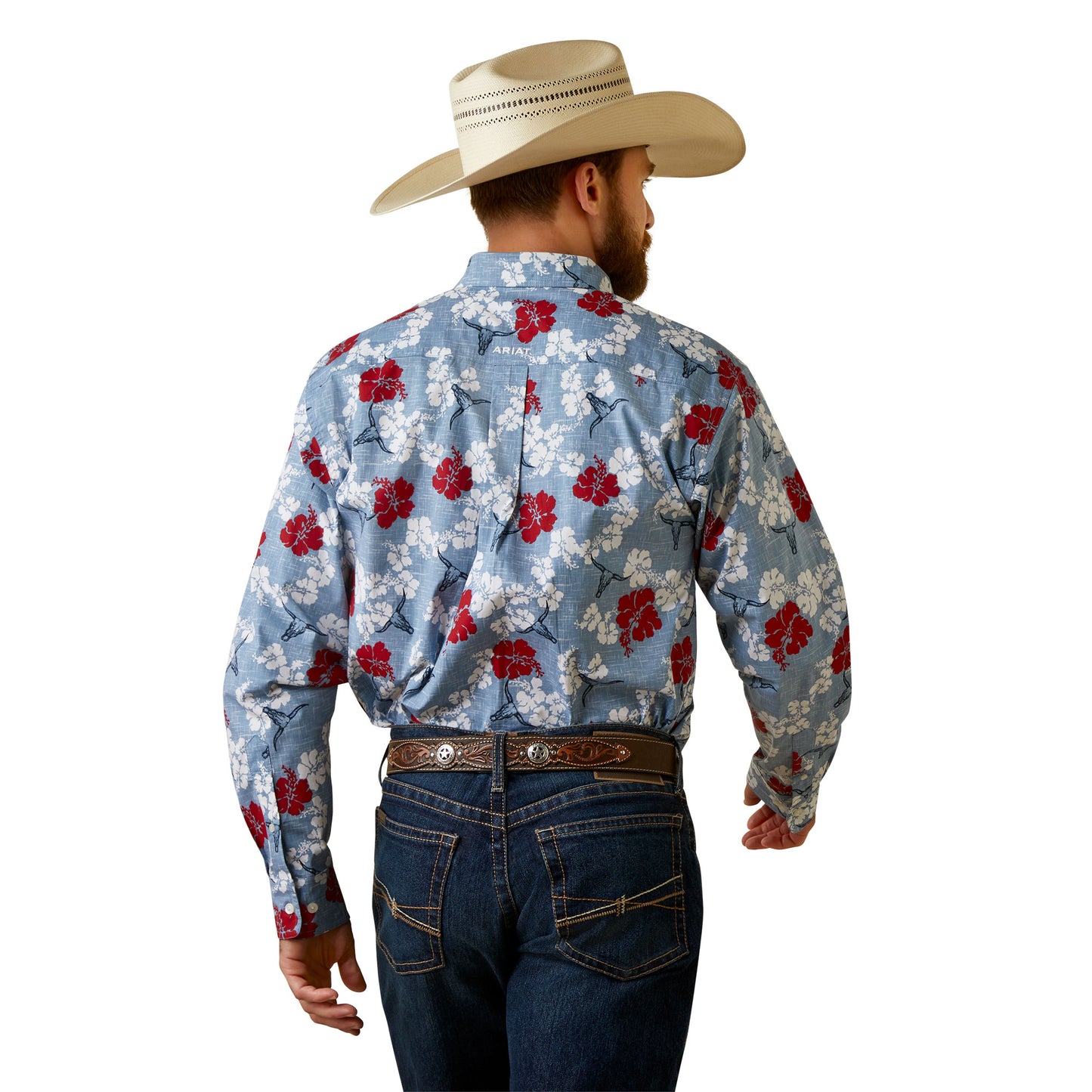 ARIAT MENS ALOHA BLUE & RED FLORAL LONG SLEEVE SHIRT