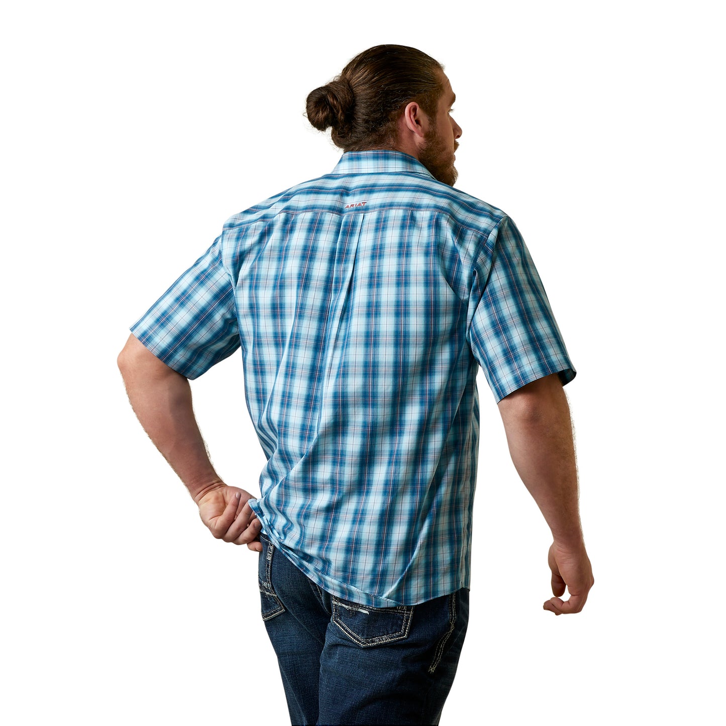 Ariat Men's Enzo Aegean Blue White and Rust Plaid Wrinkle Free Short Sleeve Western Shirt