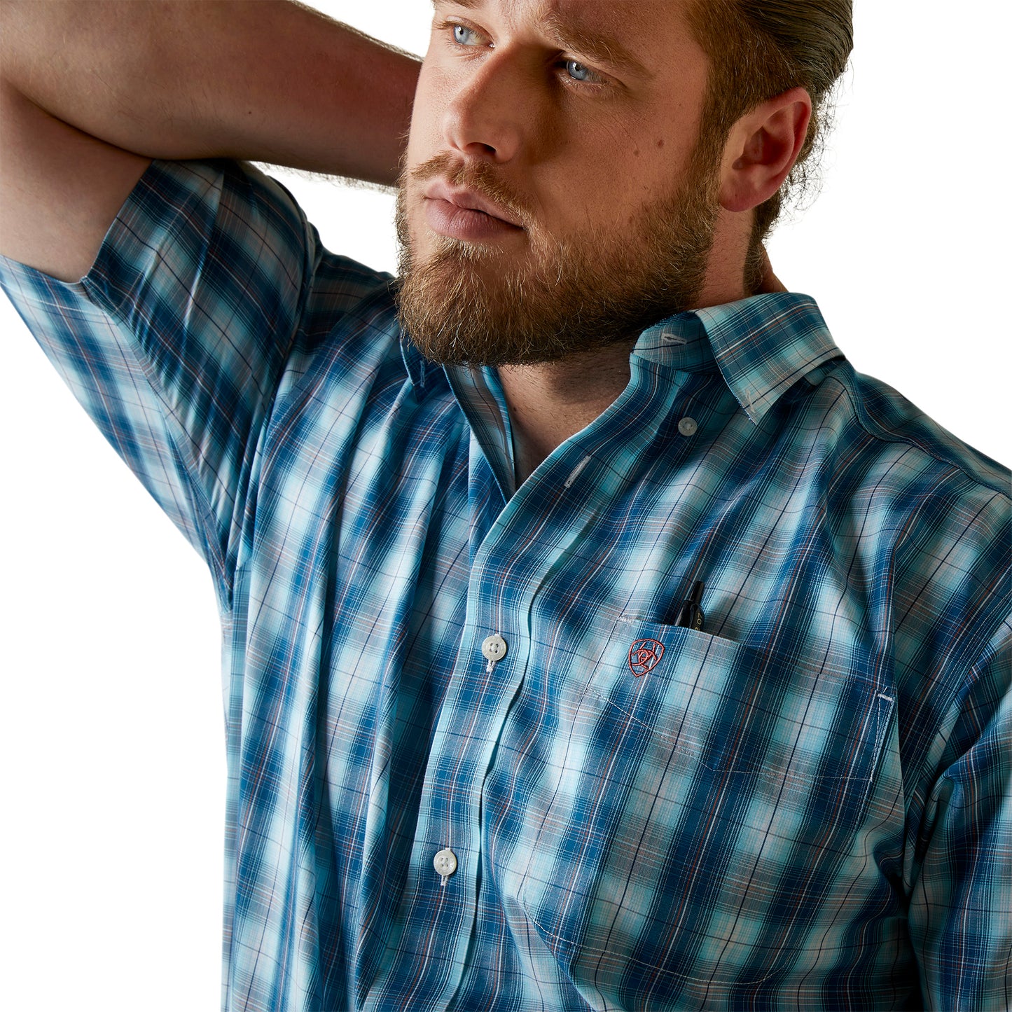 Ariat Men's Enzo Aegean Blue White and Rust Plaid Wrinkle Free Short Sleeve Western Shirt