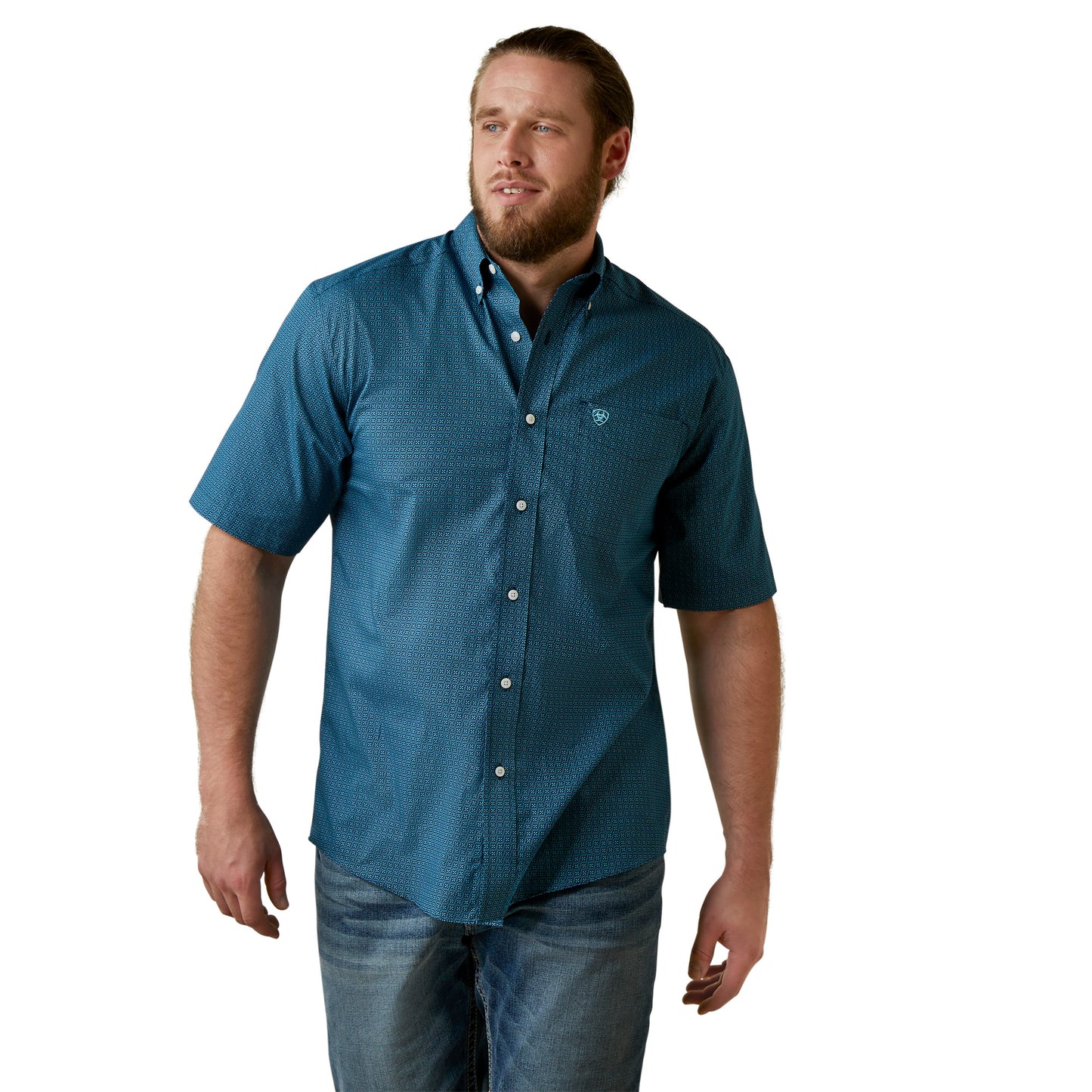 Ariat Men's Eli Navy Reef Blue Aegean Blue Geo Print Wrinkle Free Short Sleeve Western Shirt