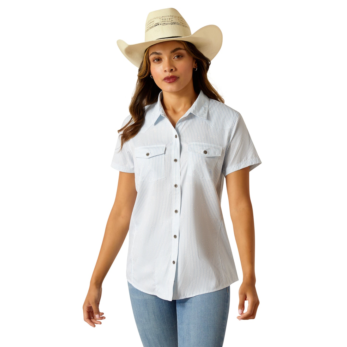 ARIAT VENNTEK BLUE DISTRESSED STRIPED SHORT SLEEVE SHIRT