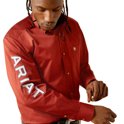 ARIAT TEAM LOGO TWILL DARK RED/KHAKI LONG SLEEVE SHIRT