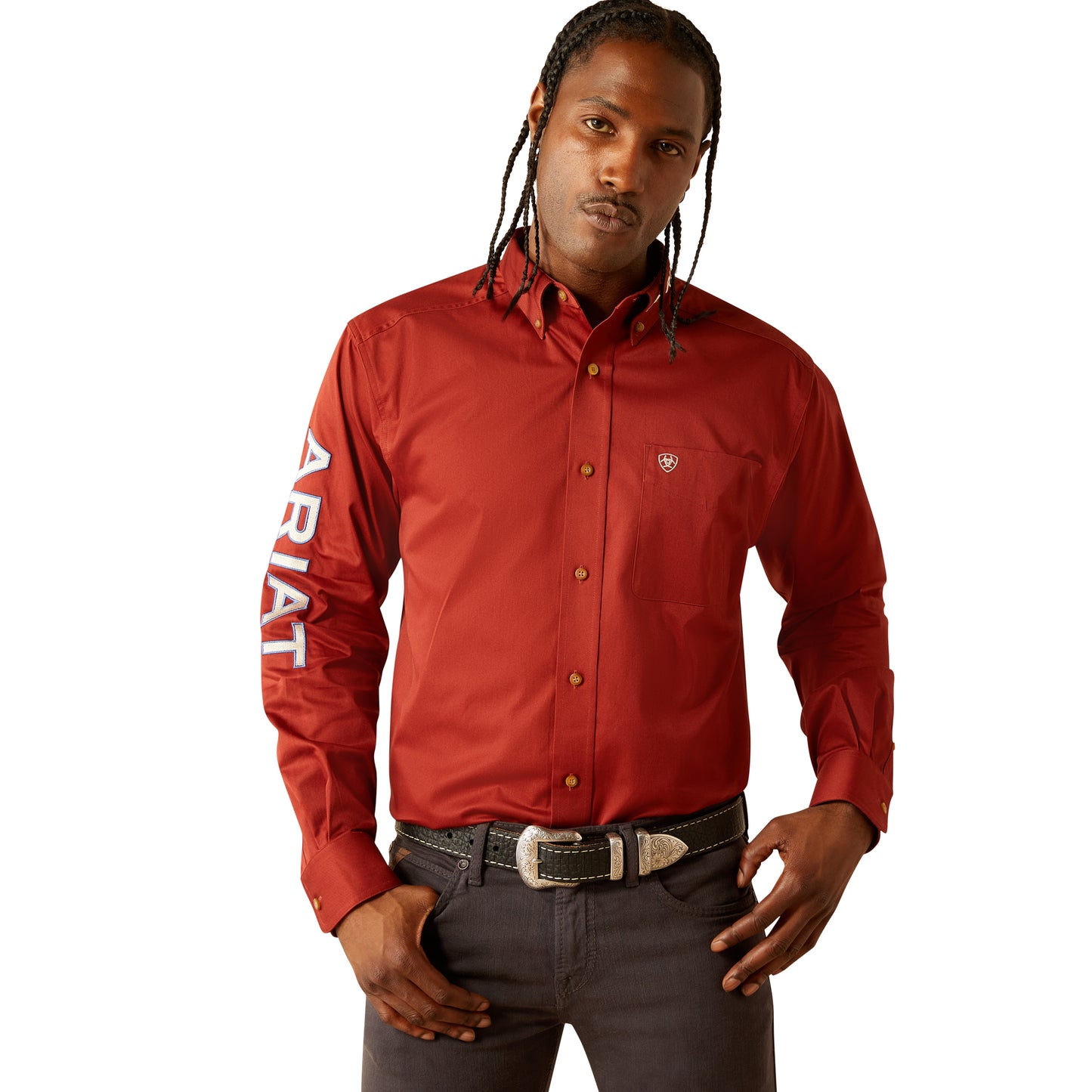 ARIAT TEAM LOGO TWILL DARK RED/KHAKI LONG SLEEVE SHIRT