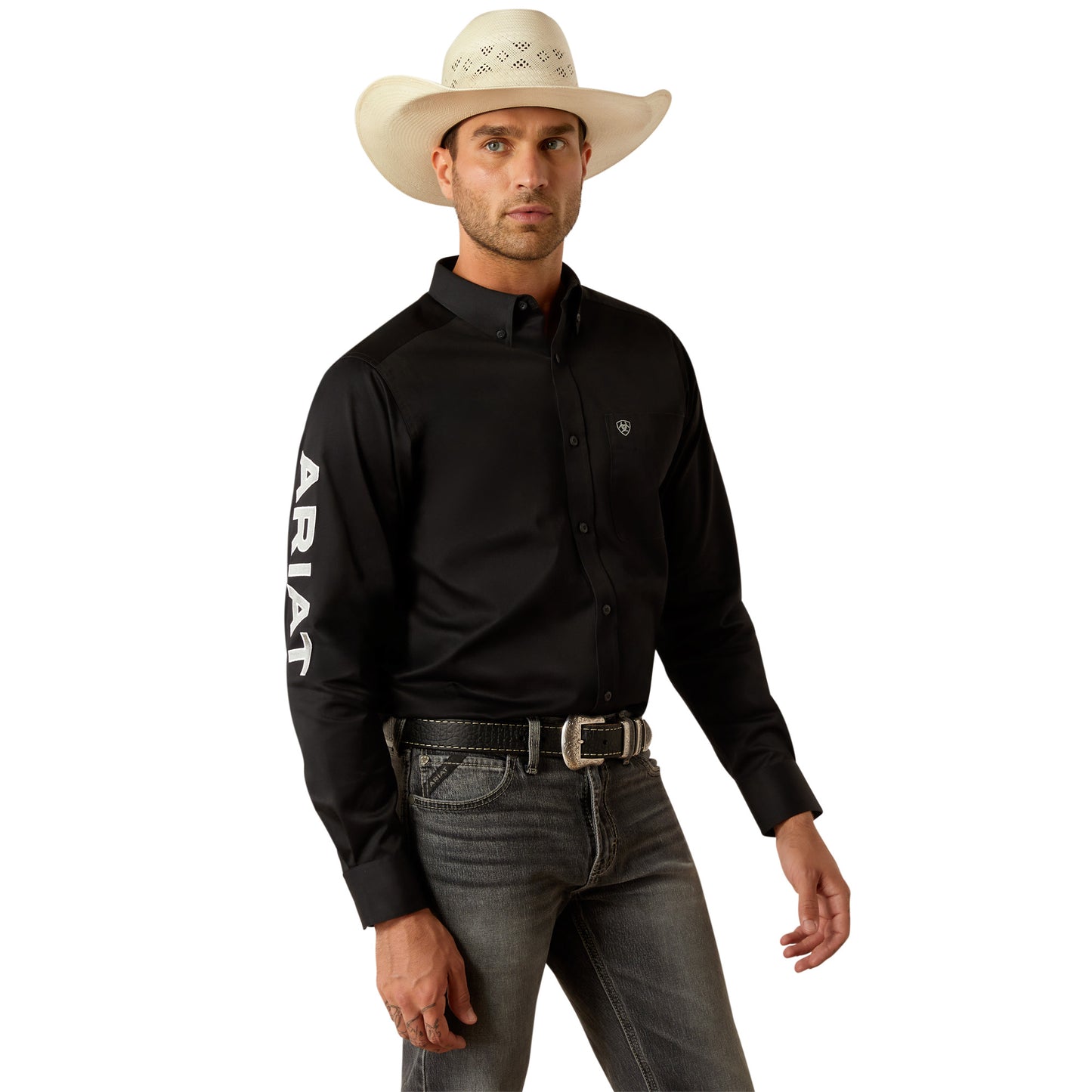 ARIAT TEAM LOGO BLACK/GREY TWILL LONG SLEEVE SHIRT