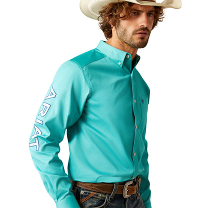 ARIAT TEAM LOGO TURQUOISE/BLUE TWILL LONG SLEEVE SHIRT