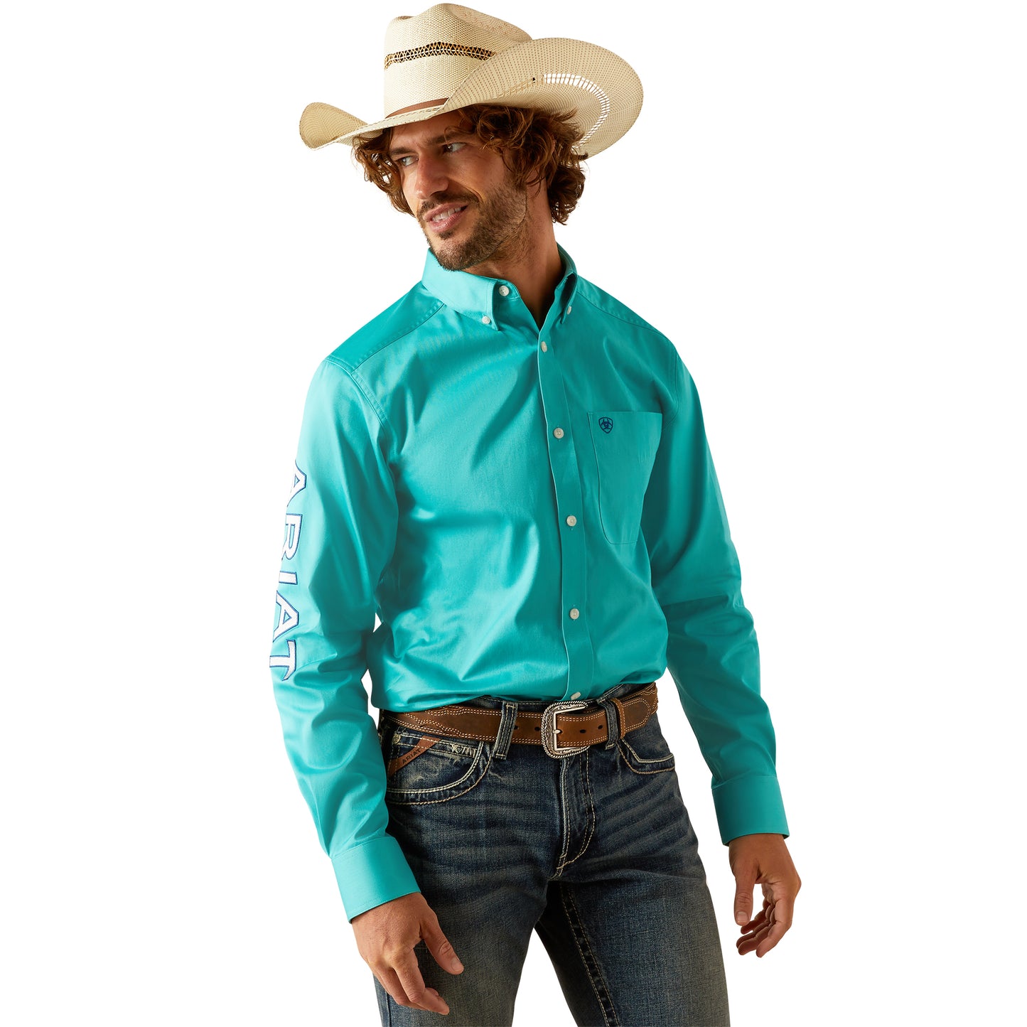 ARIAT TEAM LOGO TURQUOISE/BLUE TWILL LONG SLEEVE SHIRT
