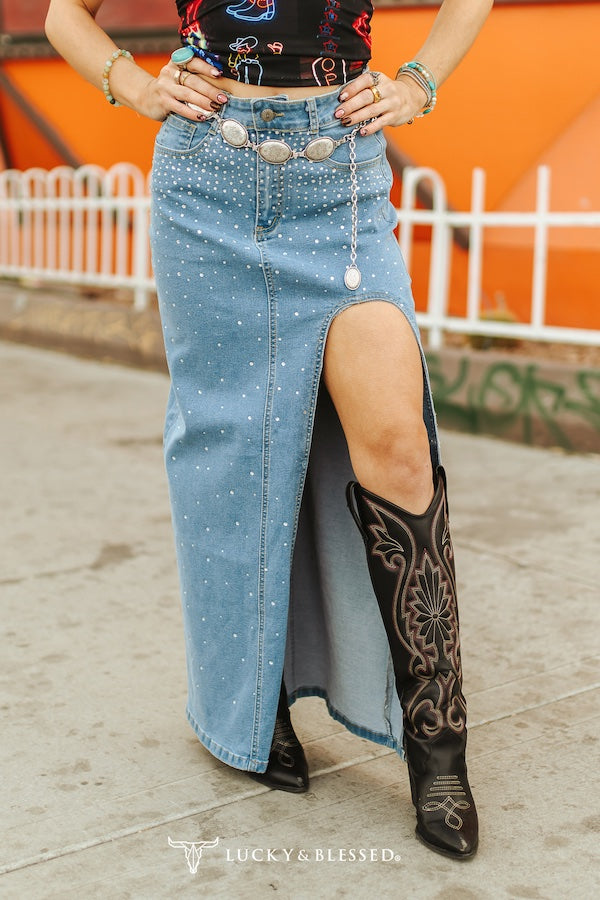 Denim Stretch Rhinestone Maxi Skirt With Curved High Slit