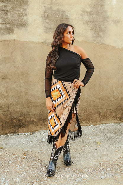 Mocha Aztec Asymmetrical Concho Button Wrap Fringe Skirt