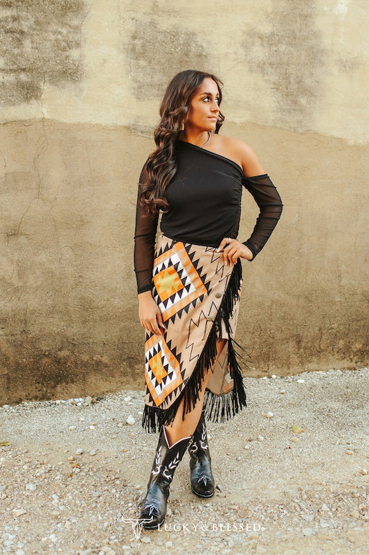 Mocha Aztec Asymmetrical Concho Button Wrap Fringe Skirt