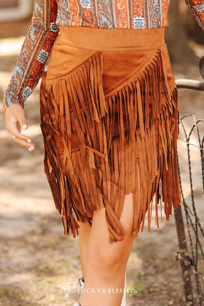 Camel Stretch Suede Asymmetrical Fringe Skirt