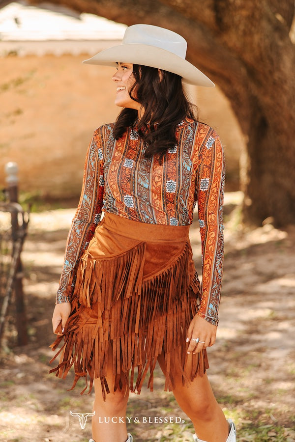 Camel Stretch Suede Asymmetrical Fringe Skirt