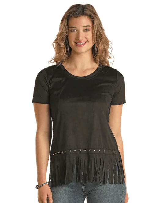 Panhandle Black Fringe Studded Short Sleeve Top