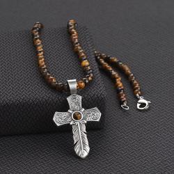 Silver Strike Tiger Eye Feather Cross Silver