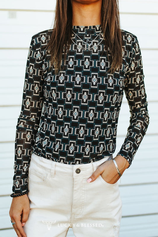 Black Aztec Long Sleeve Mesh Top