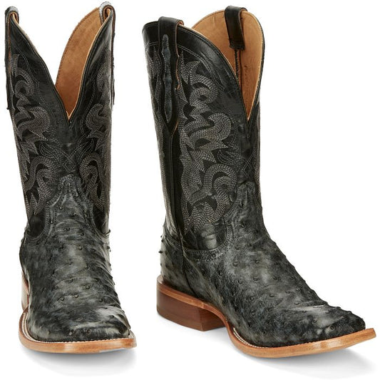 Tony Lama Moore 11" Grey Blackened Blue Goat Full Quill Ostrich Wide Square Toe Boot