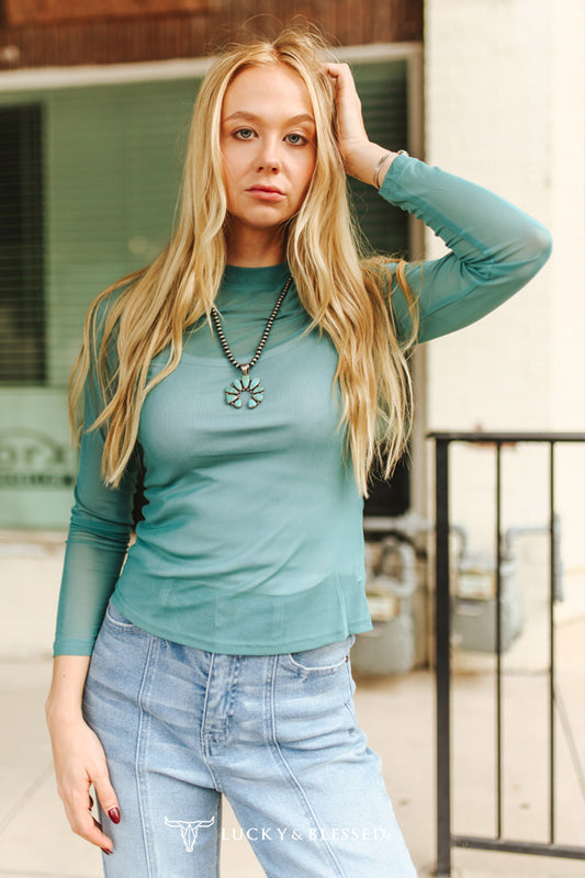 Teal Solid Long Sleeve Stretch Mesh Top