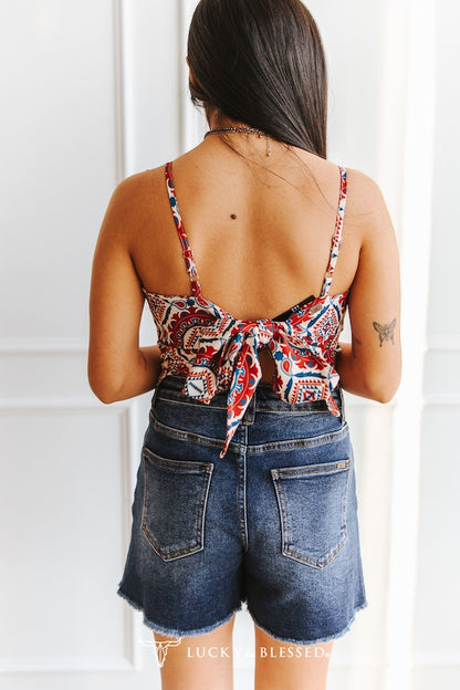 Red Bandana Printed Spaghetti Strap Back Tie Top