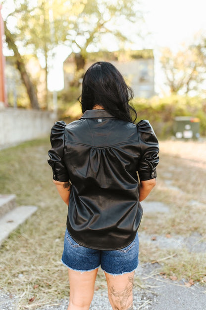 Black Faux Leather Puff Half Sleeve Button Down Shirt