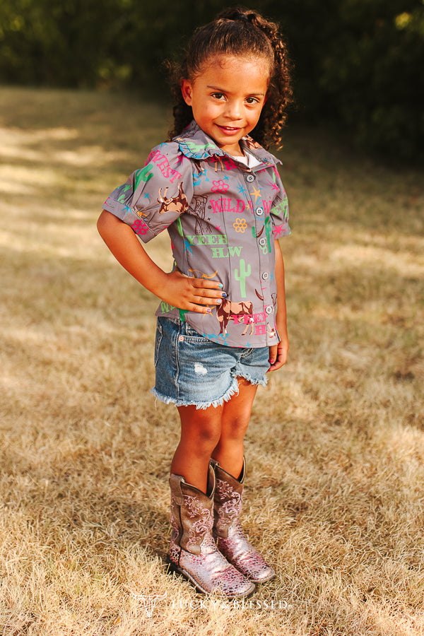 Girls Western Print Ruffle Collar Button Down Top