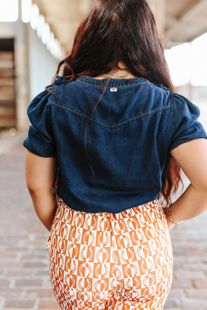 Dark Wash Button Down Short Sleeve Ruffle Top