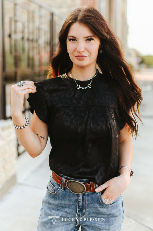 Black Leopard Satin Pleated Ruffle Sleeveless Top