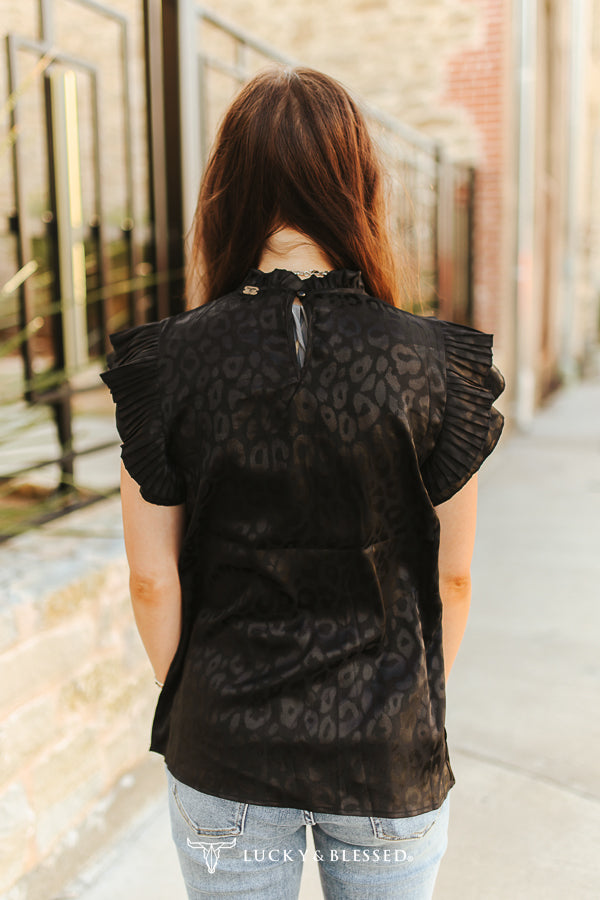 Black Leopard Satin Pleated Ruffle Sleeveless Top