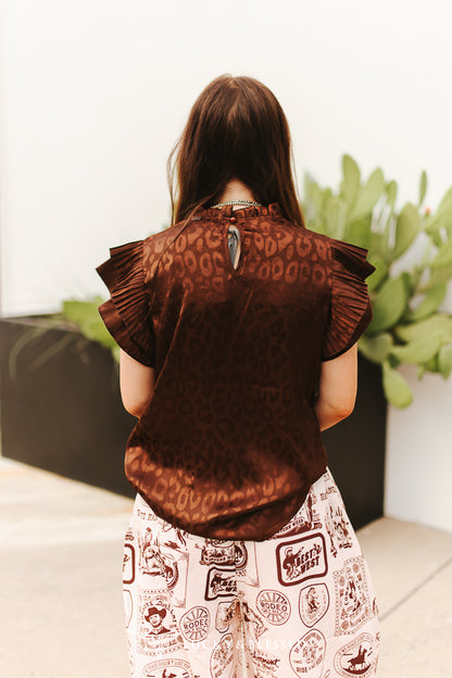 Brown Leopard Satin Pleated Ruffle Sleeveless Top