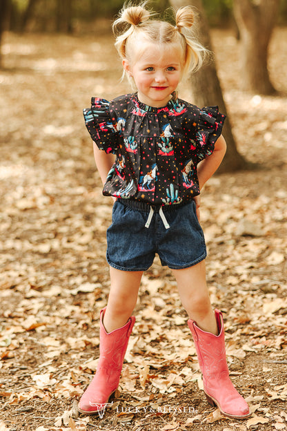 Girls Western Horse Satin Pleated Ruffle Top