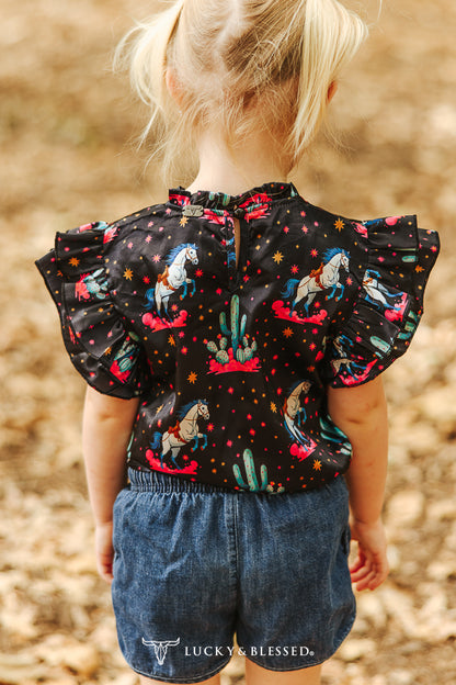 Girls Western Horse Satin Pleated Ruffle Top