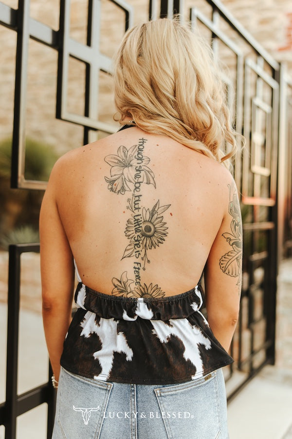 Black Cow Printed Front Tie Halter Sleeveless Top